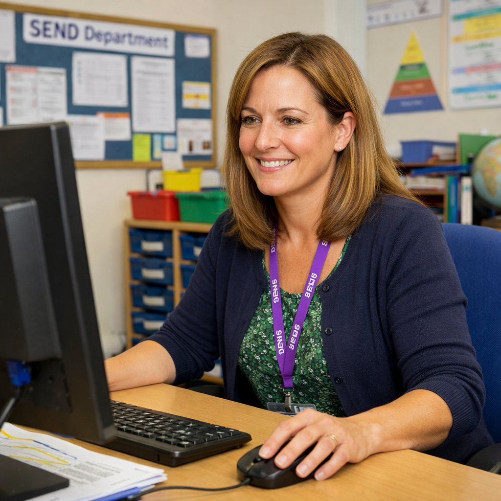 a 45 year old woman in a school send department working on a computer using the mouse-1